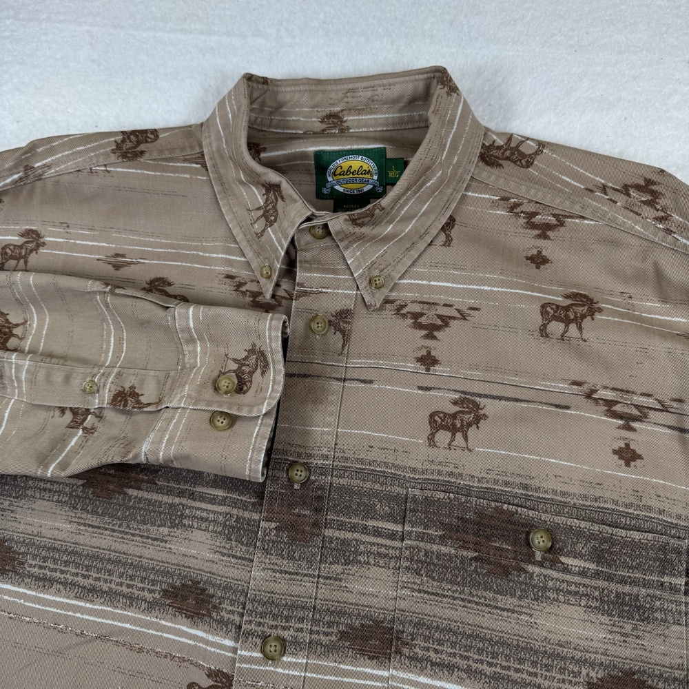 Cabela's Shirt Mens Size L Beige Wildlife Stripe Long Sleeve Button Down Outdoor